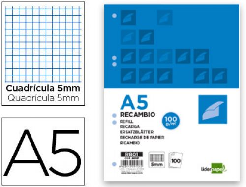 Recarga liderpapel din a5 100 f 100 gr quadriculado , Liderpapel , 29107 , 8423473291072